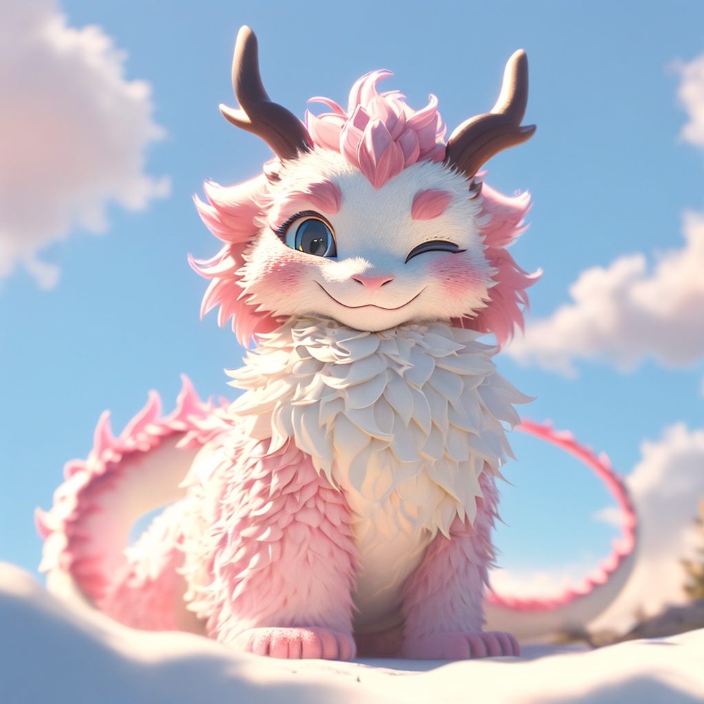 dragon boy, dragon, soft lighting, white fur, whimsy and dramatic lighting, warm colors, mf-movie-filter, cc-color-correction, cute, whiskers, light particles, sunlight, dragon focus, fluffy, horns, no humans, solo, one eye closed, blurry, outdoors, full body, closed mouth, looking at viewer, blue sky, sky, smile, day <lora:furry_dragon_baby_v1:0.8>