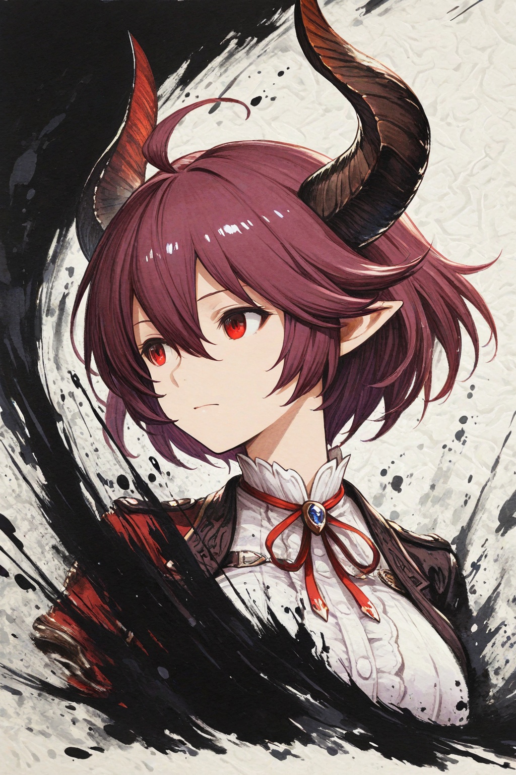 A upper body of anime girl,in the style of ink wash painting,anime style,with bold black ink splashes and splatters,dynamic brush strokes,chaotic ink drips,splashes of bright red,1girl,grea \(shingeki no bahamut\),abstract background,closed mouth,Angled sideways,looking away,