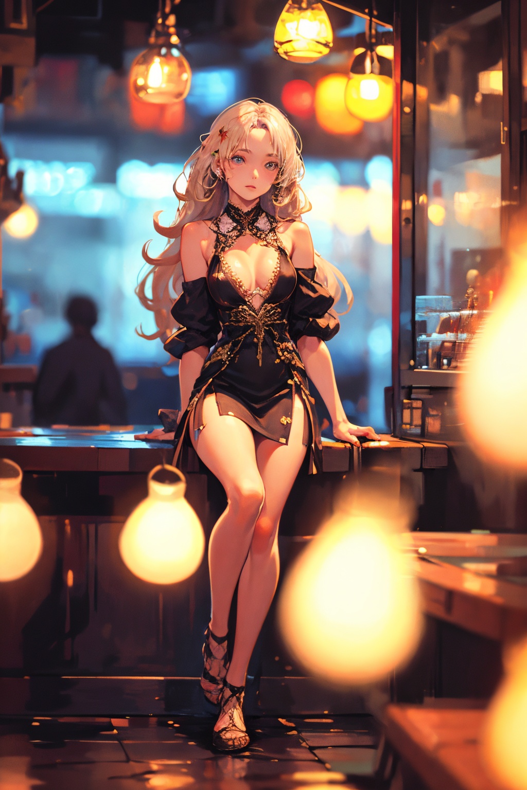 1girl,solo,long hair,depth of field,blurry background,bar (place),neon lights,fanhuaZ,<lora:fanhuaZ_20240115183629-000008:0.8>,(full body:1.1),, (high quality), best quality, (4k), 8k, super detailed, (full detail), (masterpiece), (realistic), super detailed,(Exquisite details) ,intricate,