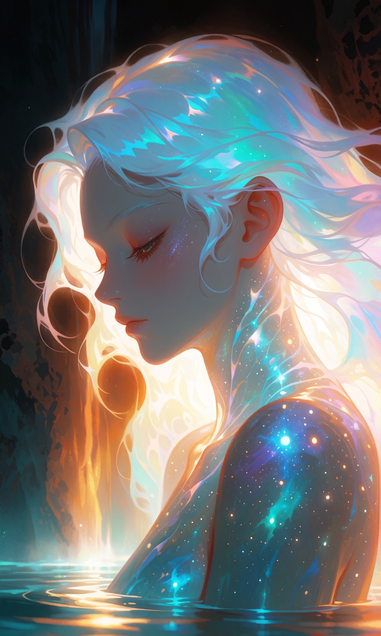 A luminous,  ethereal digital painting of a serene female figure in a side profile pose. The composition features a medium...
