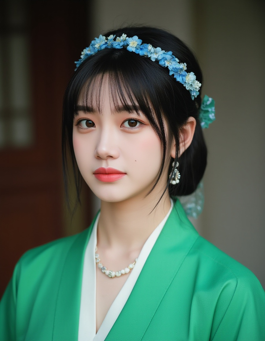 Captured at eye-level,a close-up shot of a young Asian woman,dressed in a green kimono,adorned with a white necklace and earrings. Her hair is styled in a low bun,and she's wearing a headband adorned with blue flowers. The background is blurred,creating a stark contrast to the woman's outfit. The woman's hair is dark,adding a touch of greenery to the scene.,