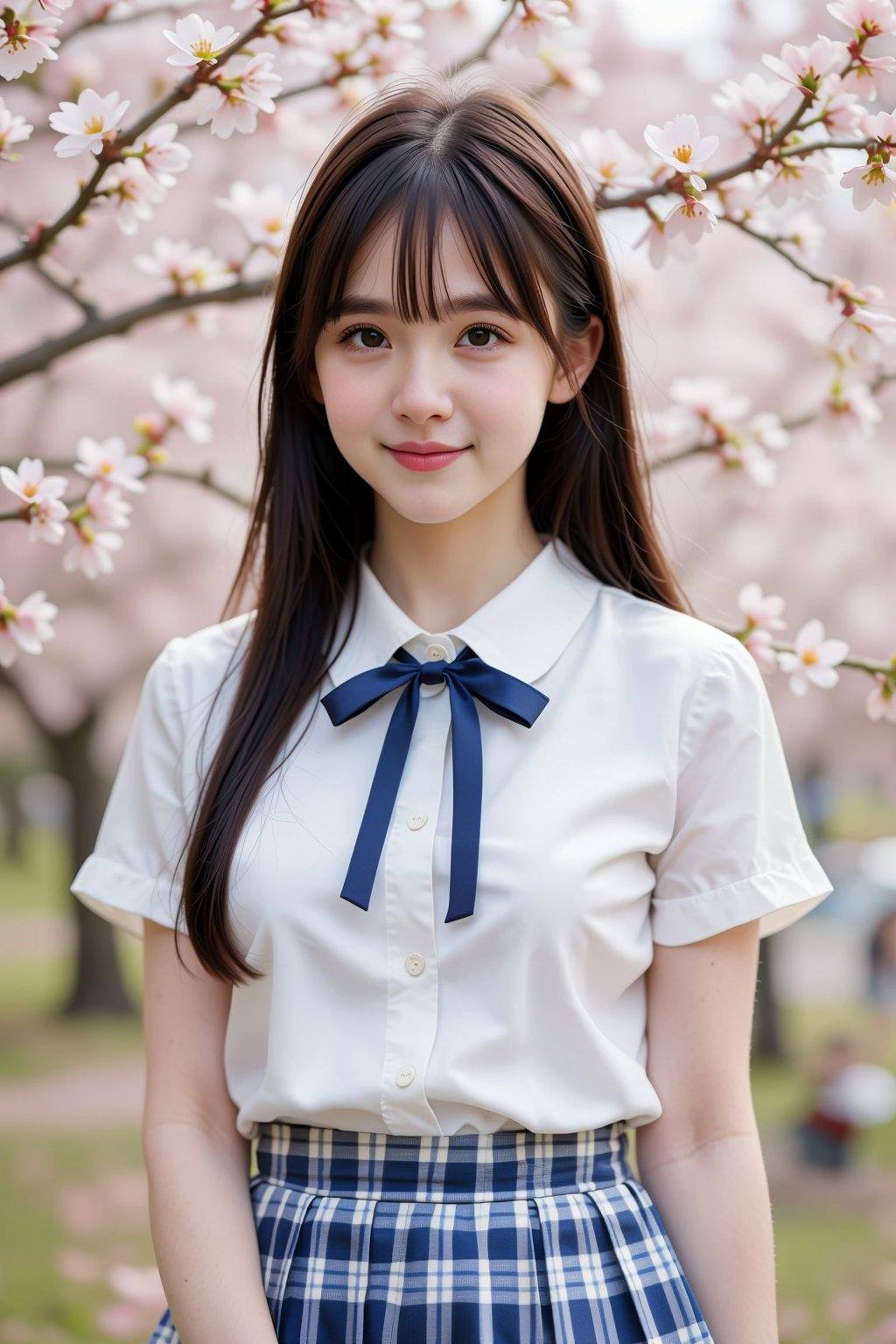 The image features a photograph of a young Asian woman standing outdoors in front of a cherry blossom tree. She has fair s...