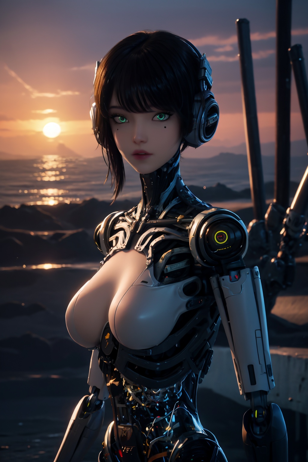 ash,1girl,green eyes,android,black hair,looking at viewer,robot joints,solo,breasts,mechanical parts,short hair,joints,cyborg,blurry background,lips,medium breasts,science fiction,cyberpunk,bangs,cable,depth of field,desolate,ruins,war,smoke,apocalypse,guns,fight,dusk,outdoor,sunset,broken bridges,destroyed cities,