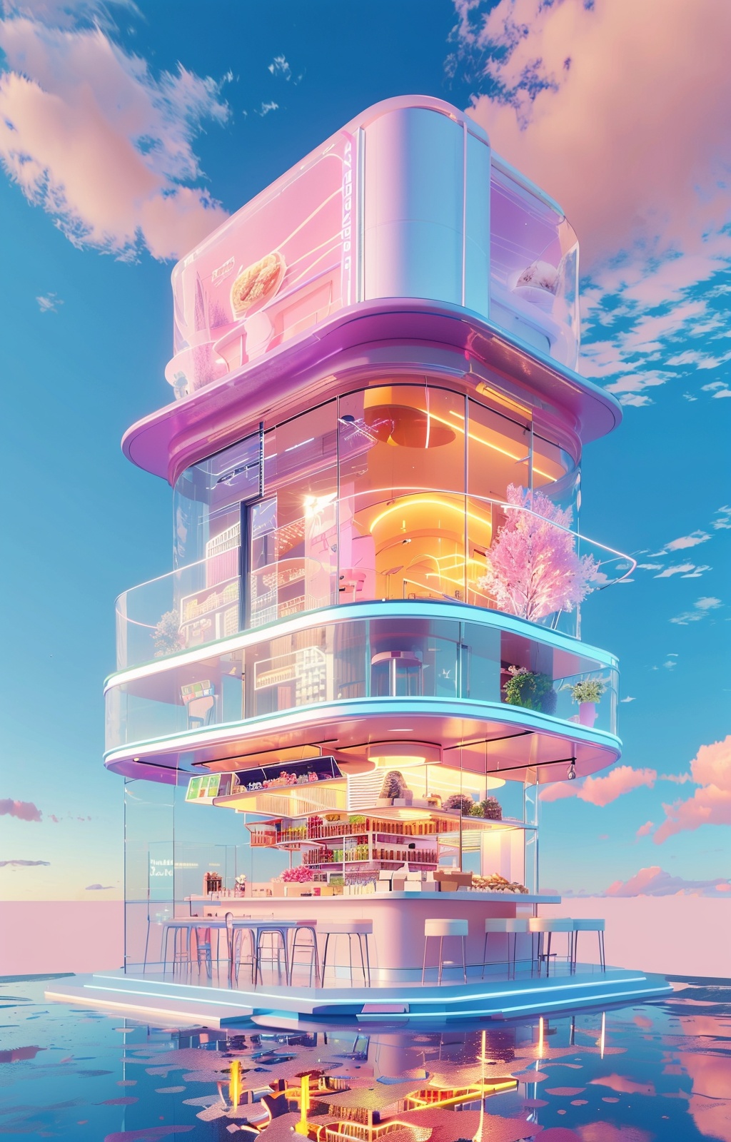 xianxiakv,no humans,scenery,sky,cloud,shop,reflection,outdoors,A futuristic food pop-up shop,soft pastel colors,<lora:xianxiakv:1>,