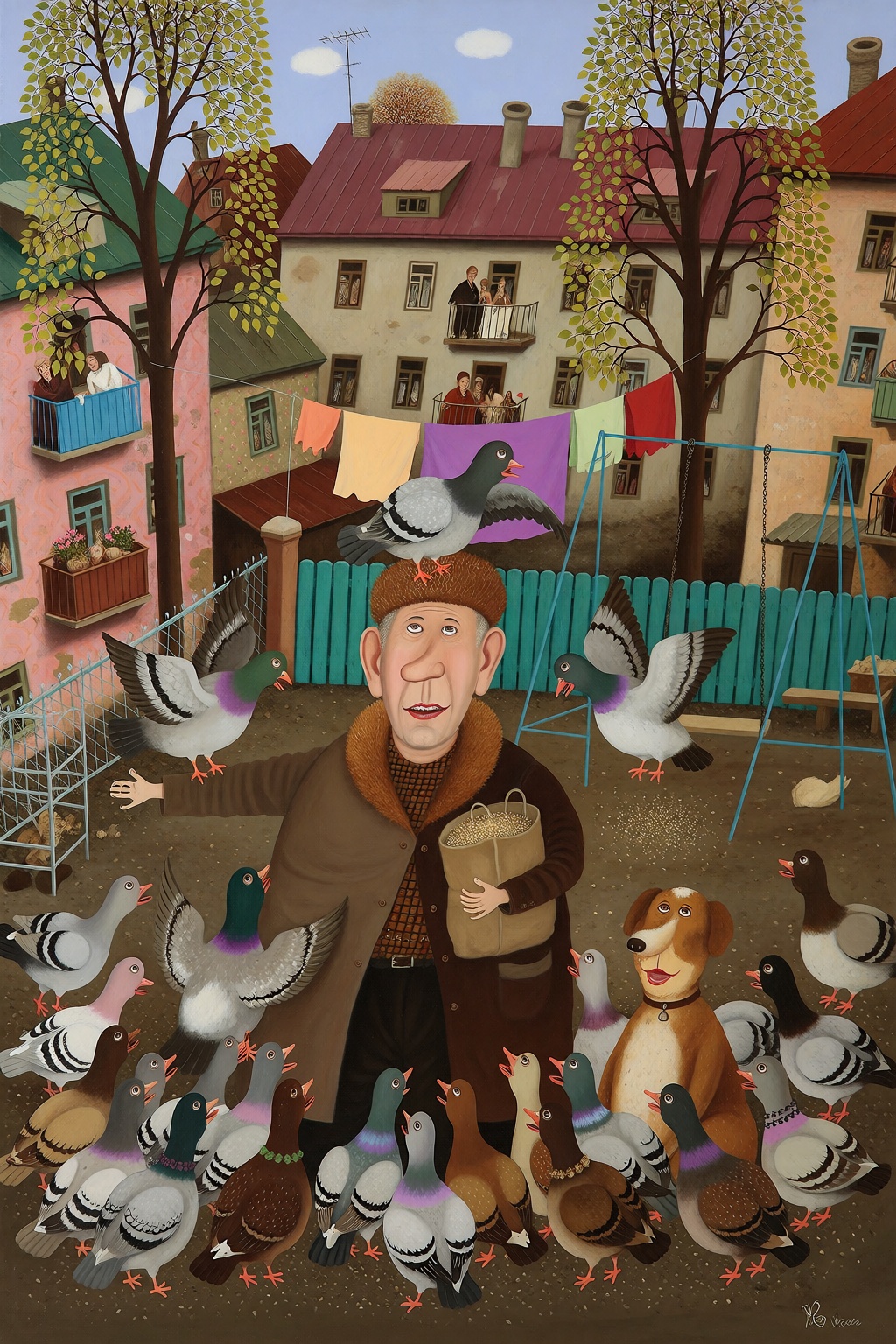 A vibrant,  naive painting of a city courtyard filled with a massive,  chaotic flock of pigeons. In the center stands an e...