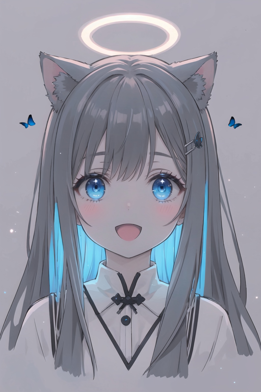 1girl,:d,blush,hair ornament,hairclip,looking at viewer,luminous,solo,long hair,butterfly,<lora:luminous_V5-000005:1>,blue eyes,cat ears,halo,, masterpiece, best quality, highres,