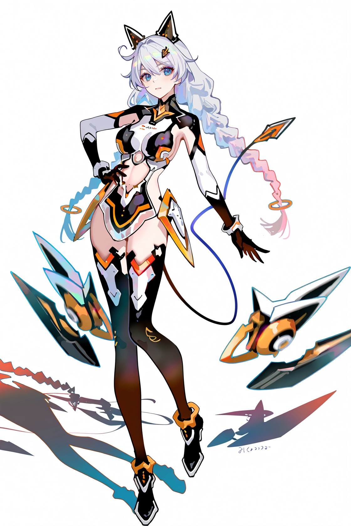 8k, best quality, masterpiece, (ultra-detailed), (high detailed skin), ((artist:reoen),(artist:fuzichoco),(artist:atdan),(artist:torino_aqua),year 2024:0.8)1girl, [artist:wlop], [artist:ningen_mame], artist:ciloranko, [[artist:rhasta]], artist:tidsean, colorful, detailed light, light leaks, sunlight, bokeh, blurry foreground, ray tracing, lens flare, cinematic lighting, full body, full shot, standing, looking at viewer, (solo:1.2), simple background, (white background:1.2), hand on own hip, (white background:1.3), <lora:kiana-young-noob-Tanger:0.8>, kiana kaslana, mooncat, mooncat bodysuit, 12th clothes, 1girl, blue eyes, braid, black thighhighs, long hair, twin braids, tail, boots, hair ornament, cut-out bodysuit, armed, floating mecha parts, detached armor, 