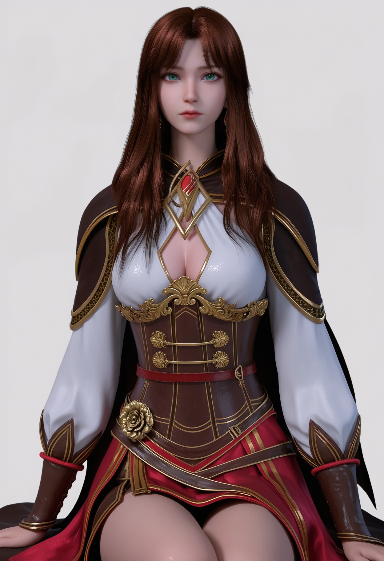 score_9,high detail,best quality,shiny skin,shiny,hedisaixier,1girl,solo,green eyes,long hair,brown hair,white background,breasts,cleavage,simple background,closed mouth,cleavage cutout,clothing cutout,lips,long sleeves,cape,skirt,jewelry,realistic,earrings,corset,looking at viewer,thighs,<lora:QQSponyhedisaixierV1:0.8>,<lora:Pony_DetailV2.0:0.8>,<lora:皮肤凹痕:0.1>,