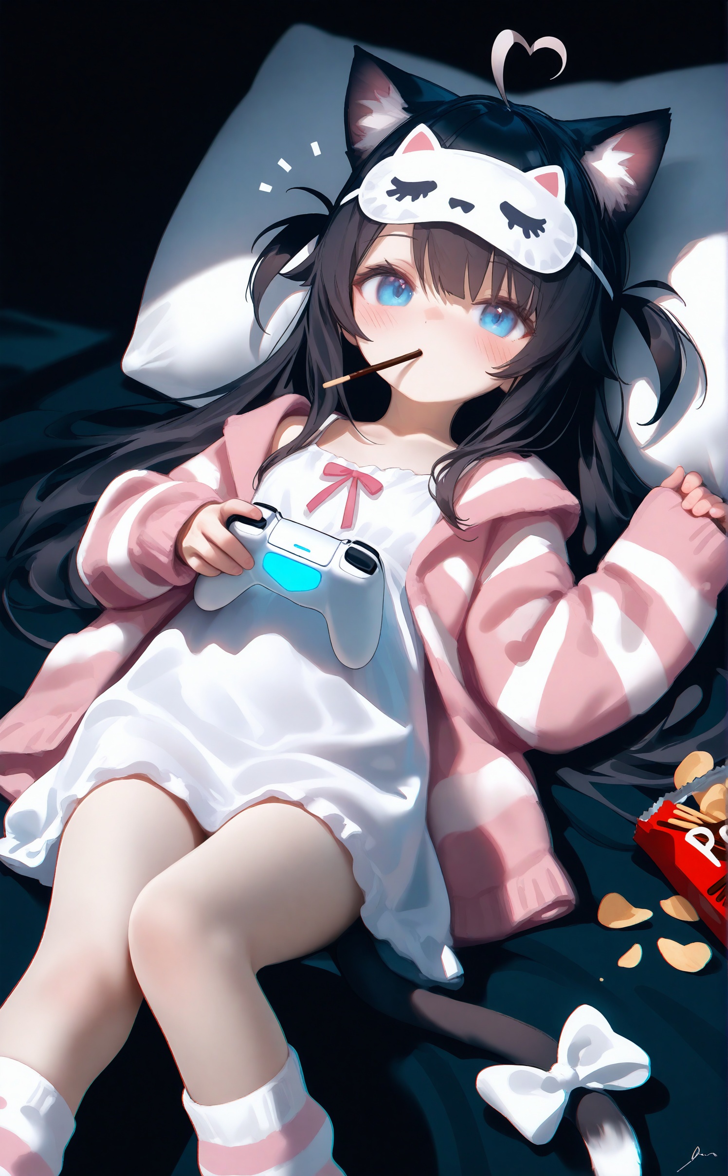 masterpiece,absurdres,best quality,high quality,chromatic_aberration,night,darkness,black theme,photorealistic,high contrast,high saturation,loli,loli,loli,//,sleep mask,1girl,controller,animal ears,heart tail,cat tail,tail,blue eyes,game controller,cat girl,cat ears,food,mask on head,striped socks,virtual youtuber,sleeves past wrists,holding controller,long hair,pink cardigan,sleeves past fingers,eye mask,cardigan,black hair,looking at viewer,solo,heart,mask,mouth hold,holding game controller,animal ear fluff,holding,open cardigan,hair ornament,socks,white dress,pocky,tail ornament,chips (food),food in mouth,ahoge,dress,blush,hair between eyes,pillow,pocky in mouth,striped clothes,long sleeves,bow,notice lines,two side up,lying,open clothes,signature,potato chips,bag of chips,on back,loose socks,feet out of frame,loungewear,pink jacket,tail bow,heart ahoge,leg warmers,<lora:Nai4 Amei zc:1>,