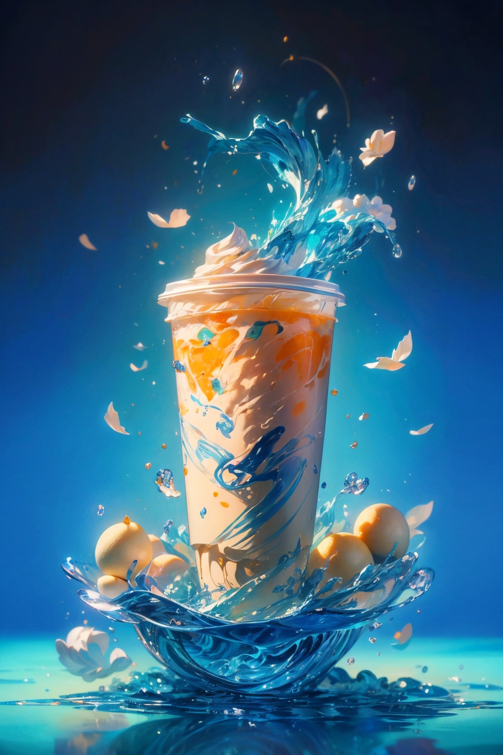 (Masterpiece, high quality, best quality, official art, aesthetics and aesthetics: 1.2),(a girl holding a cup of milk tea), iced milk tea cup, lemon milk tea, red milk tea cup, blue theme, surrealism Dream style, cream organic fluid, ray tracing, foreground occlusion, natural light, OC rendering, studio lighting