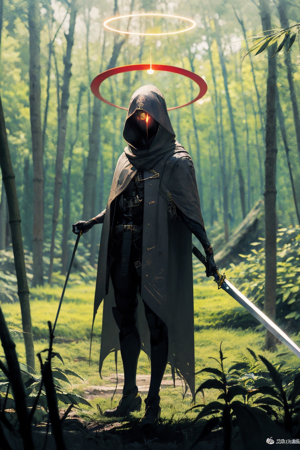 (masterpiece:1.2),best quality,PIXIV,Apocalypse Aso,halo,dark background,holding sword,Bamboo hat,Cape,Bamboo grove,zotac,<lora:Apocalypse Aso_20240119162949:1>,