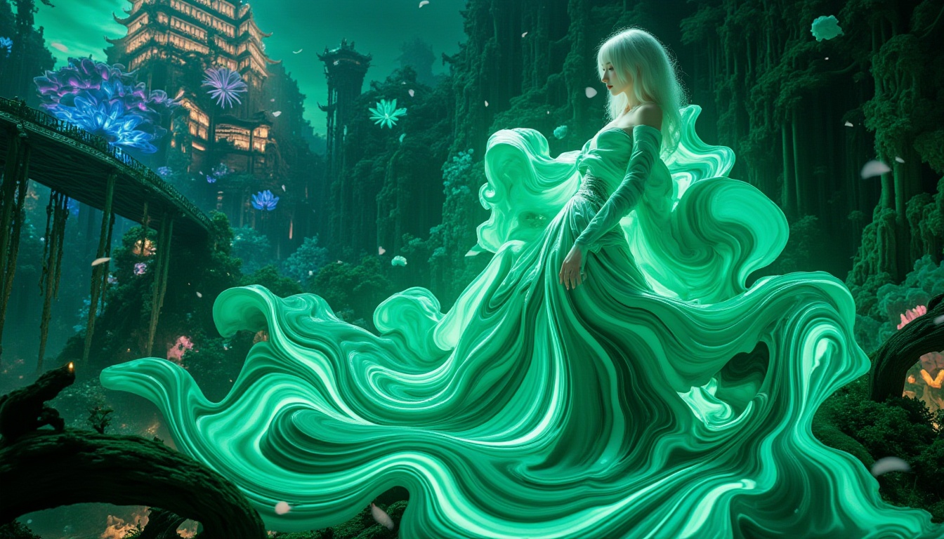 <lora:FL-bailing-24-0913ethereal flow10p:0.6>,bailing_ethereal_flow,ethereal harmony,the marbled dress blends in with the background,Create a cinematic image of a white-haired young woman emerging in a steampunk realm. Surround her with rich dark green light, swirling around her limbs with a viscous allure. The image should be depicted in a neo-expressionist style, with hyper-detailed 8K resolution and Octane rendering, showcasing exquisite depth of field and an ultra-wide perspective. Dynamic lighting should create amazing shadows and dramatic effects. The background reveals glowing, color-changing lotus flowers in the night sky, with petals fluttering like fireflies in a flow of green, blue, and purple light. Above a towering complex of colorful buildings lies a vast tiered garden connected by a beautiful arch bridge. Strange plants and animals thrive among the clouds, with branches, bamboo leaves, and brambles adding to the fantastical scene. Petals drift through the air, creating an enchanting and mysterious atmosphere.