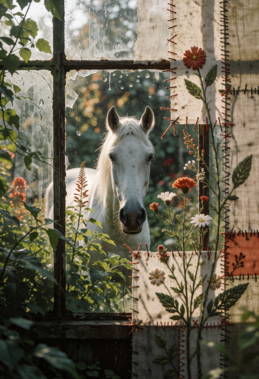 ta86_realityfracture,  view through a greenhouse window panel,  a white horse visible between plants outside on Tensor.Art