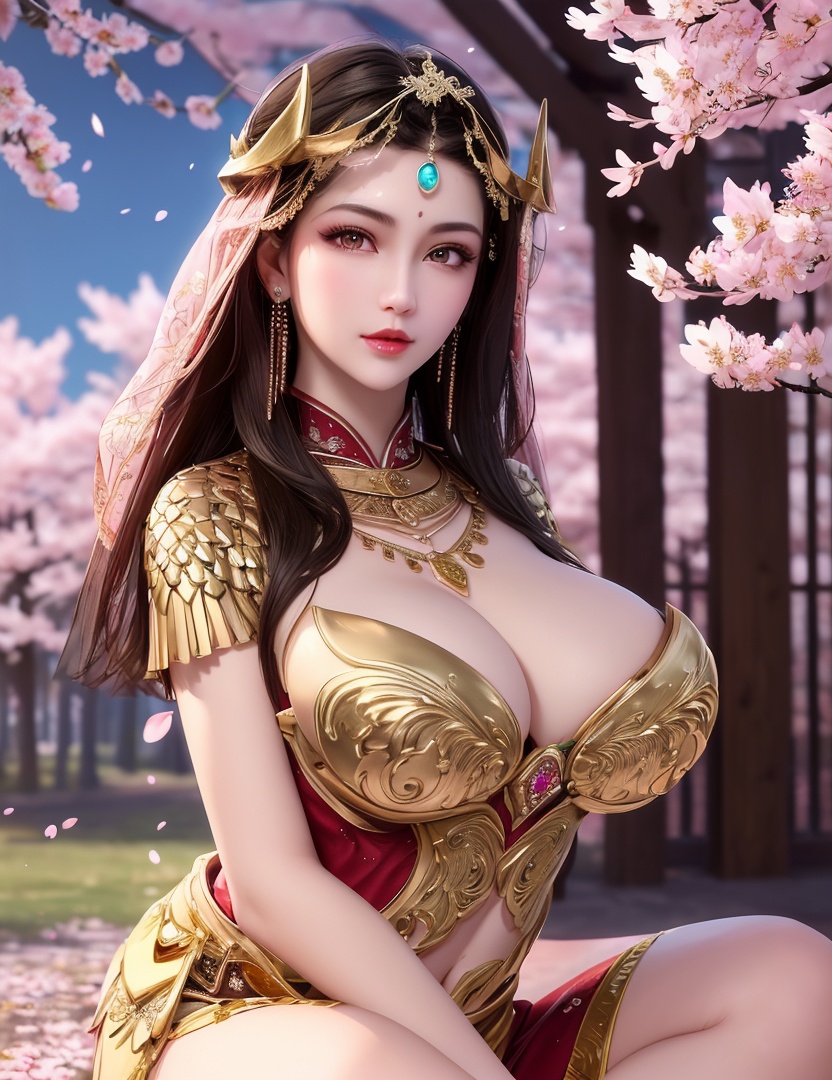 ultra realistic 8k cg, picture-perfect face, flawless, clean, masterpiece, professional artwork, famous artwork, cinematic lighting, cinematic bloom, perfect face, beautiful face, fantasy, dreamlike, unreal, science fiction,   lace, lace trim, lace-trimmed legwear, luxury, jewelry, diamond, gold, pearl, gem, sapphire, ruby, emerald, intricate detail, delicate pattern, charming, alluring, seductive, erotic, enchanting, hair ornament, necklace, earrings, bracelet, armlet,halo,autumn,((,1girl, pov,))  , ((((1girl, solo,outdoors, large breasts, cherry blossoms, ))))  <lora:DA_MuQingQing:0.6>