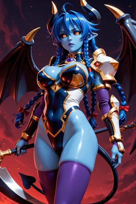 1girl,arm_armor,black_wings,blue_hair,blue_skin,braid,breasts,clothing_cutout,colored_sclera,colored_skin,demon_girl,demon_horns,demon_tail,demon_wings,highleg,highleg_leotard,highres,horns,large_breasts,leotard,long_hair,low_twin_braids,purple_thighhighs,ravina_\(shinrabanshou\),scythe,shinrabanshou,sibelube,solo,tail,thighhighs,twin_braids,wings,yellow_eyes