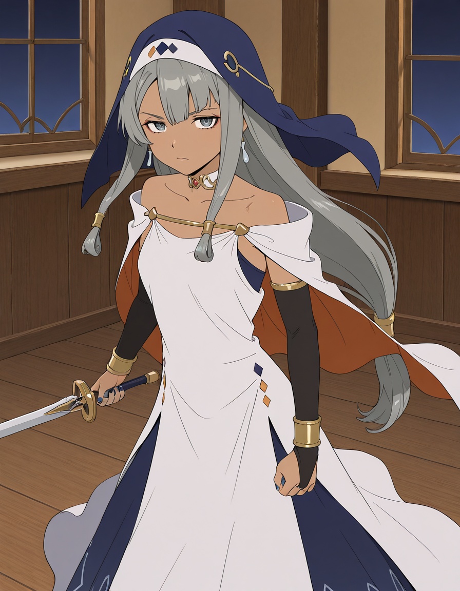 masterpiece, best quality, amazing quality, gradient background,1girl, looking at viewer, serious expression, sword, holding weapon, serious, fighting stance, indoors, wooden floor, window, night, blue nail polish,frenci mastibolt (yuusha-kei ni shosu), low-tied long hair, asymmetrical bangs, grey hair, sidelocks, hair tubes, (blue eyes:0.7), grey eyes, red eyeliner, dark-skinned female, teardrop earrings, collarbone,blue veil, white choker, red gem, two-sided cape, off-shoulder dress, white dress, bracelet, bridal gauntlets, layered dress, blue dress, <lora:frenci_mastibolt-yuusha_kei_ni_shosu_s1-v2-ixl-anime-soralz:1>, <lora:StS-Illustrious-Detail-Slider-v1.0:3>, <lora:StS-Illustrious-Detail-Slider-v1.0:3>