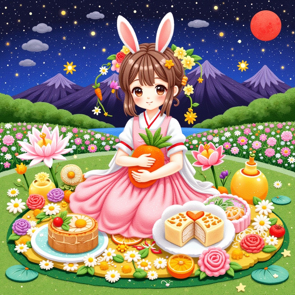 Texture of yarn,1girl,bunny,camellia,carrot,cherry blossoms,cloud,crescent moon,daisy,dandelion,earth \(planet\),egasumi,field,flower,flower field,food,full moon,hair flower,hibiscus,holding flower,honey,lily \(flower\),lily pad,lotus,mandarin orange,moon,moonlight,mountain,night,night sky,orange \(fruit\),orange flower,pancake,paper lantern,petals,pink flower,planet,plate,red flower,red moon,round window,sky,solo,star \(sky\),sun,sunflower,tulip,vase,white flower,yellow flower,yellow rose,
