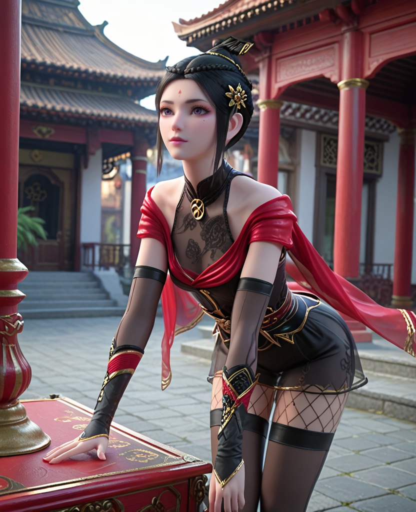 (oriental architecture, elegant decor, sophisticated style:1.1),(Hands on a surface, leaning forward:1.1),(breasts:1.2),<lora:XL斗破苍穹琥嘉:0.95>,miss hujia,black corset,sash,red see-through miniskirt,red shawl,makeup,purple eyes,forehead mark,black hair,sidelocks,hair bun,purple lipstick,eyeshadow,elbow gloves,black thighhighs,black boots,fishnets,, score_9,score_8_up,score_7_up,score_6_up,score_5_up,score_4_up,3d rendering,tag1,tag2, Cinematic Lighting,backlighting,