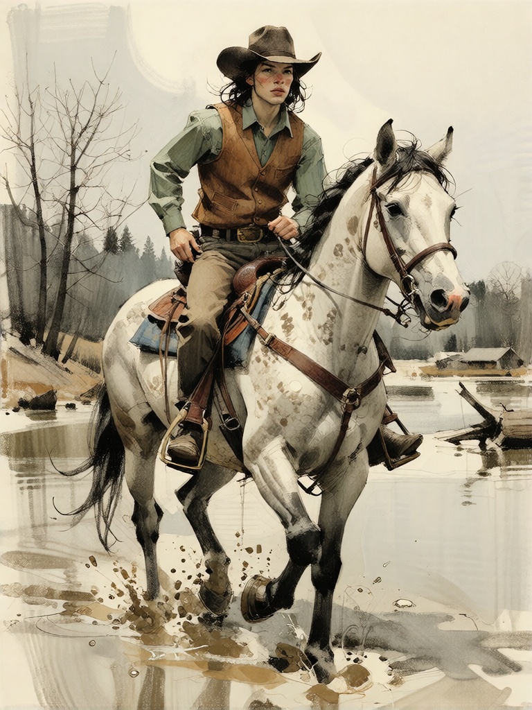 Bradhamel art style. A lone cowboy with long dark hair,  wearing a brown leather vest over a green shirt and brown pants,...