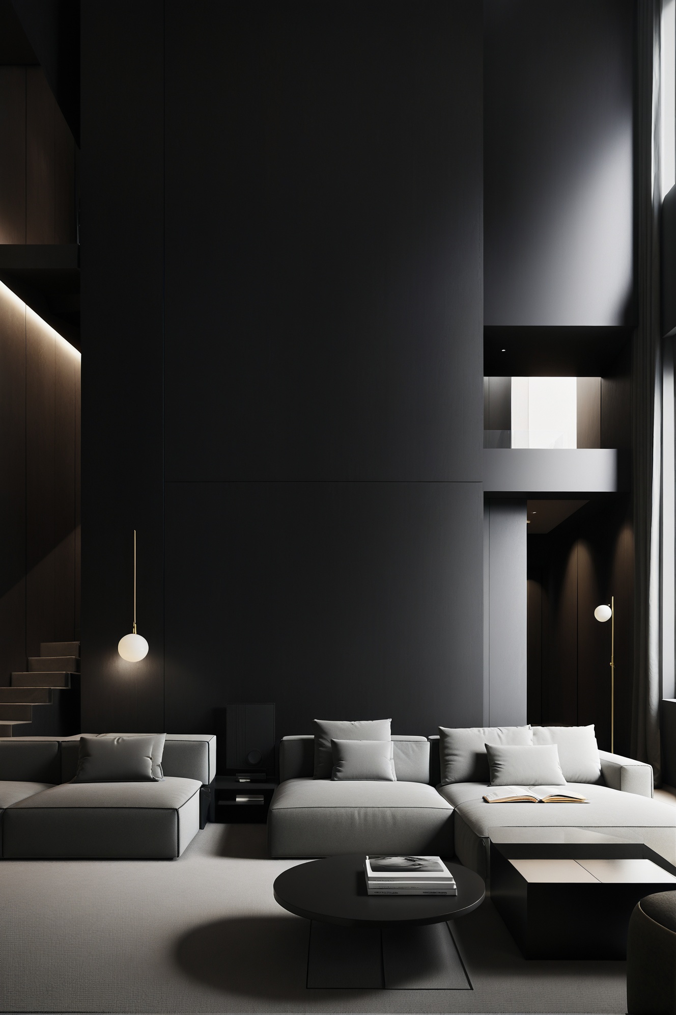minimalist,luxury decoration,livingroom,sofa,carpet,black wall to wall,floor lamp,duplex building,double-storey building,hollow livingroom,vertical composition,8K,high-definition,high quality,high resolution,details,realism,masterpieces,realism,masterpieces,