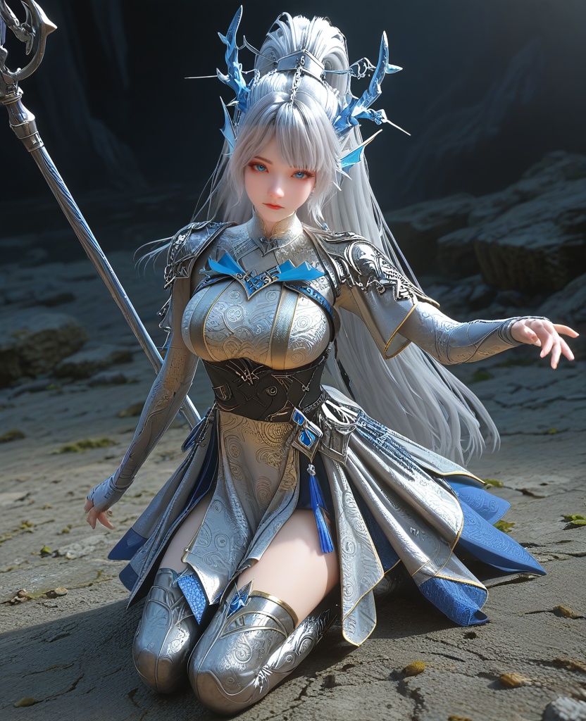 (Kneeling with one knee raised, looking upwards,:1.1),looking at viewer,(large breasts:1.2),<lora:XL16云深不知梦白龙漱玉:0.95>,miss shuyu,silver dress,blue eyes,mole under left eye,white hair,ponytail,very long hair,hair ornament,elbow gloves,cape,sash,thigh boots,shoulder armor,head fins ornament,holding polearm,, score_9,score_8_up,score_7_up,score_6_up,score_5_up,score_4_up,3d rendering,tag1,tag2, Cinematic Lighting,backlighting,