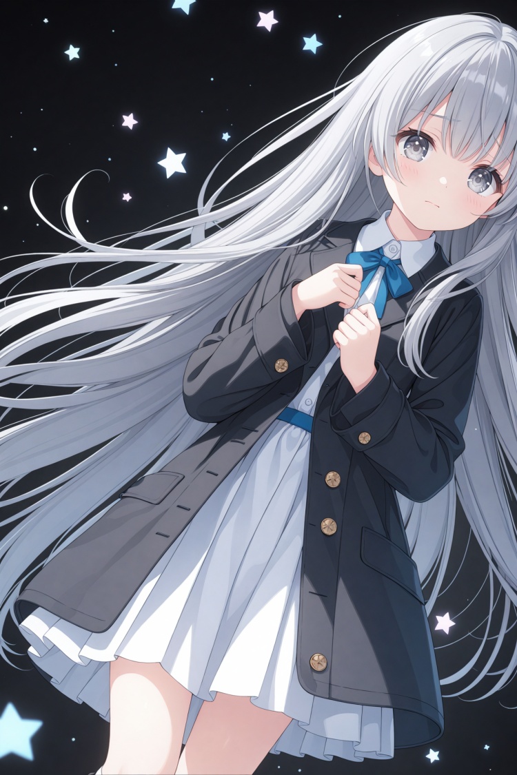 (masterpiece),(best quality),illustration,ultra detailed,hdr,Depth of field,(colorful),loli,(1girl:0.6),thin,very long hair,black and grey hair,grey eyes,(detailed eyes),small breasts,black coat,white lining,white skirt,socks,closed mouth,(sad),star,Bow head,white flower,(black background),masterpiece,best quality,official art,extremely detailed CG unity 8k wallpaper,cozy anime,