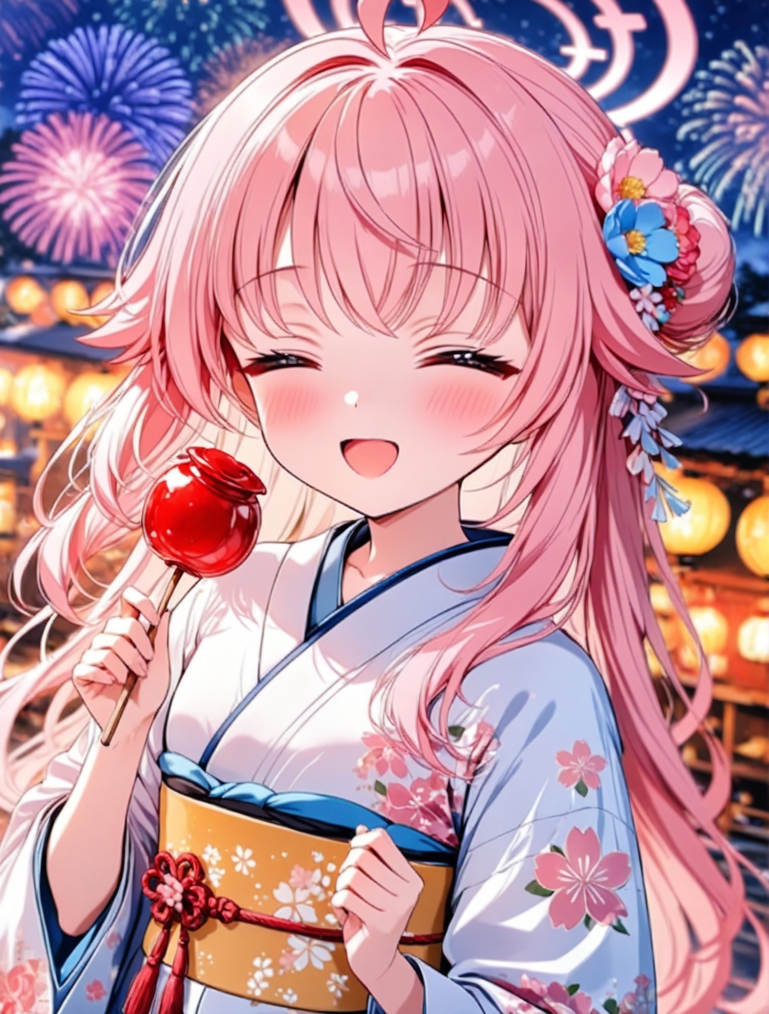 O,Five fingers,natsu (blue_archive),1girl,candy apple,fireworks,japanese clothes,food,solo,kimono,halo,closed eyes,sash,holding,obi,ahoge,smile,floral print,yukata,night,wide sleeves,holding food,bangs,hair ornament,blush,pink hair,aerial fireworks,open mouth,outdoors,sky,long sleeves,print kimono,facing viewer,long hair,:d,blurry,night sky,flower,^_^,alternate costume,blurry background,light brown hair,hoshino (blue archive),hair flower,(UHD),anatomically correct,accurate,textured skin,super detail,high details,award winning,best quality,high quality,retina,HD,16k,1080P,