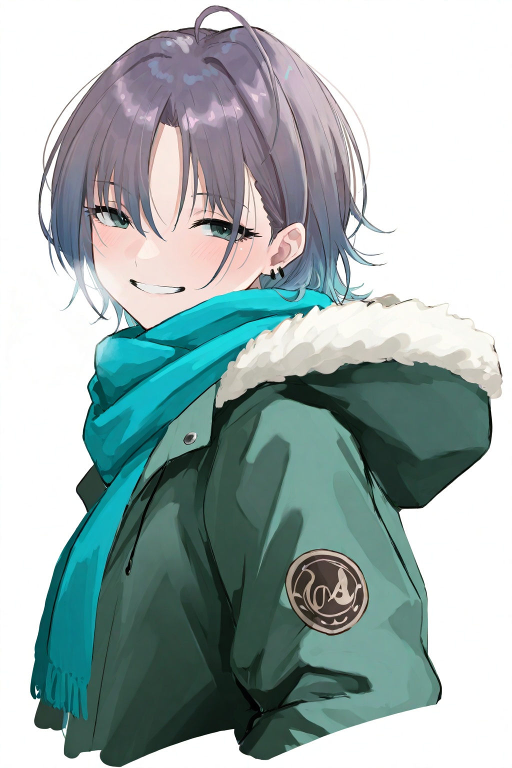 highres,absurdres,Visual impact,masterpiece,amazing quality,best quality,very aesthetic,very awa,newest,<lora:pikuson-Style-000060:0.8>,1girl, asakura toru, solo, ahoge, looking at viewer, simple background, hood, smile, upper body, earrings, multicolored hair, cropped torso, scarf, gradient hair, white background, jacket, jewelry, fur trim, short hair, blue hair, hooded jacket, green jacket, blush, grin, parted bangs, breath, fur-trimmed hood