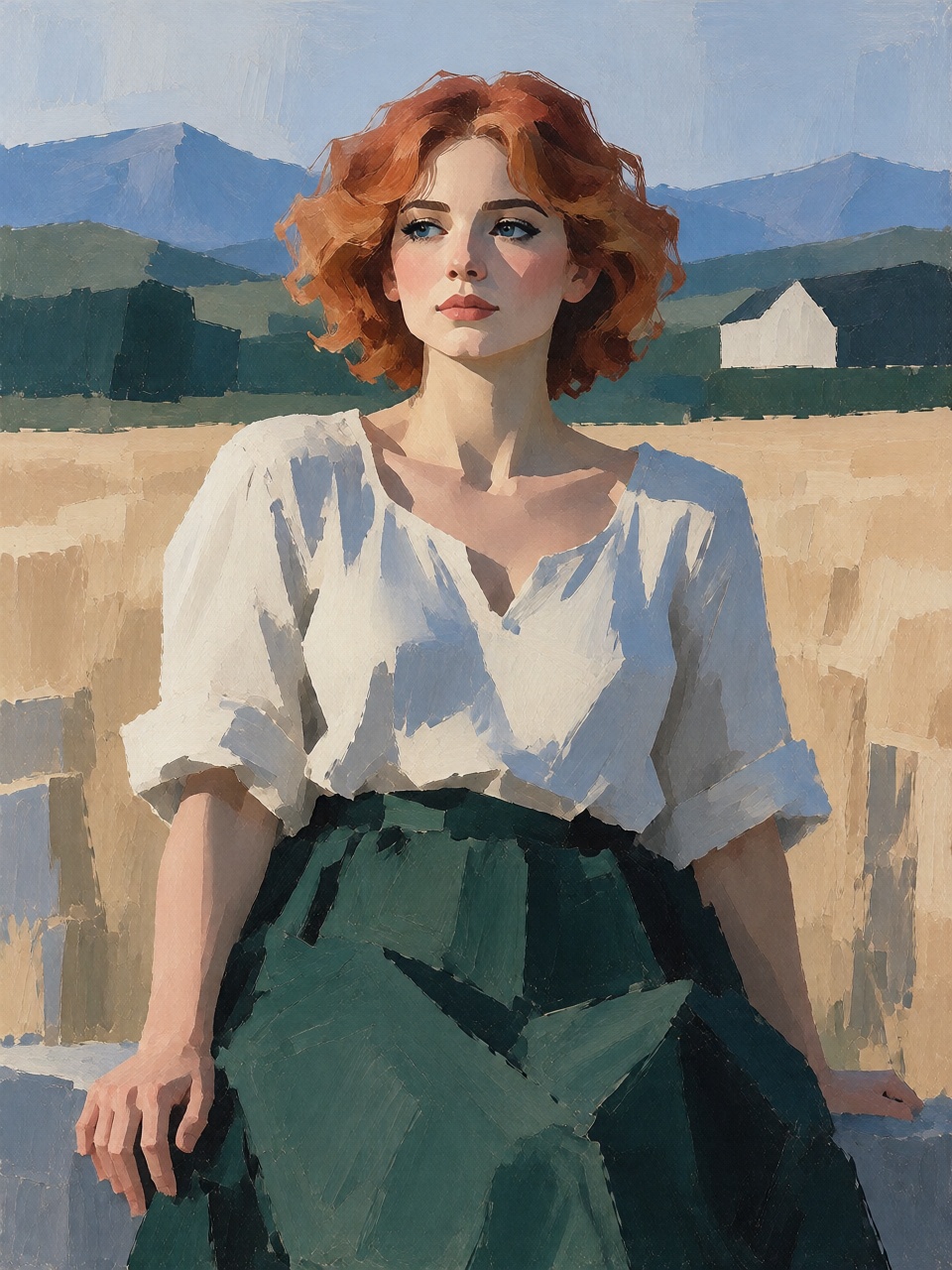 A young woman with auburn hair standing in a field of golden wheat,  wearing a loose white shirt and a vivid green skirt....
