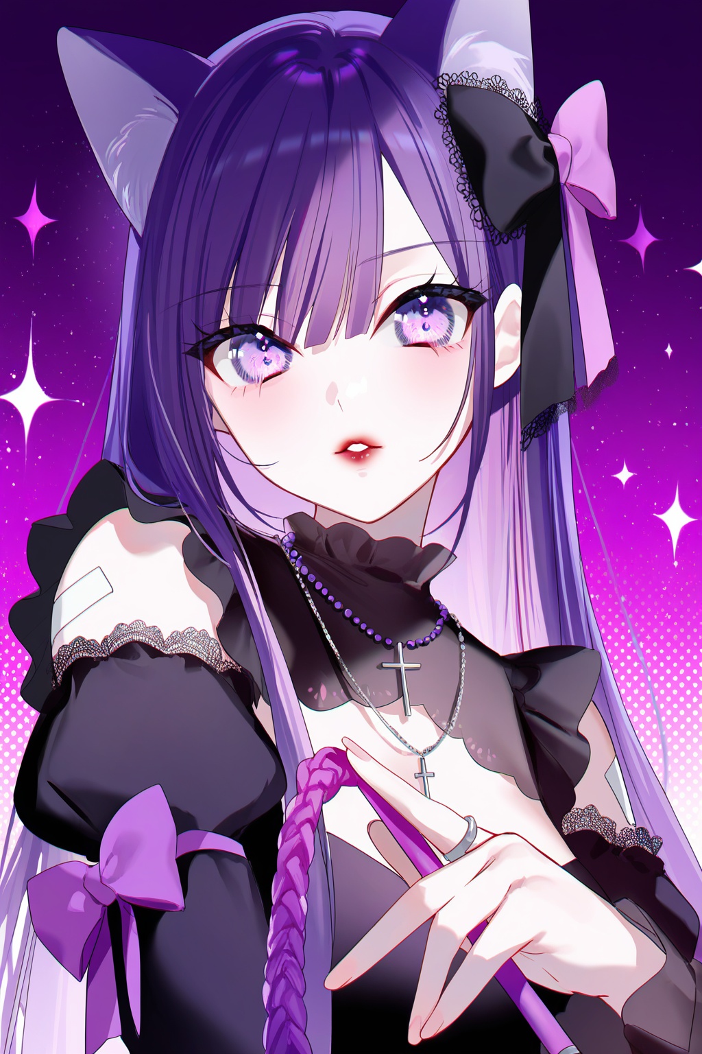 solo, 1girl, long purple hair (straight with bangs), gradient purple-pink eyes, domineering look, hair bow (pink with purple sparkles), holding a purple lace whip, upper_body, wolf ears (purple fur with pink tips), black long sleeves with purple frills, cross pendant necklace, sparkle_background (purple-pink starlets), bandage (black) on arm, red lips<lora:meiheyeragu-000170:0.8>,