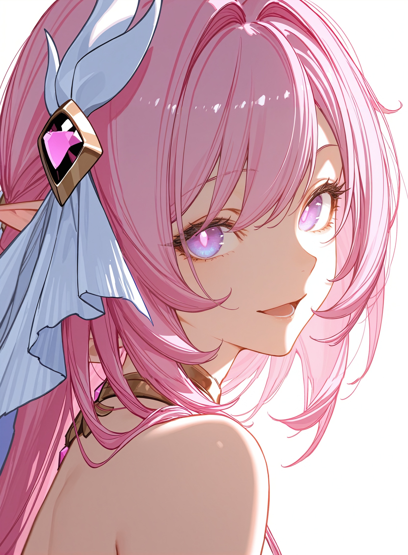 rtist:miv4t,(artist:yoneyama mai:0.8),(artlist:betabeet:0.8),(artist:rella:0.6),(artist:wanke:0.6),(artist:xilmo:0.6),masterpiece,best quality,amazing quality,newest,3::close-up ::,upper body,white background,open eyes,looking at viewer,light smile,open mouth,from side,staring at viewer,elysia \(herrscher of human:ego\) \(honkai impact\),