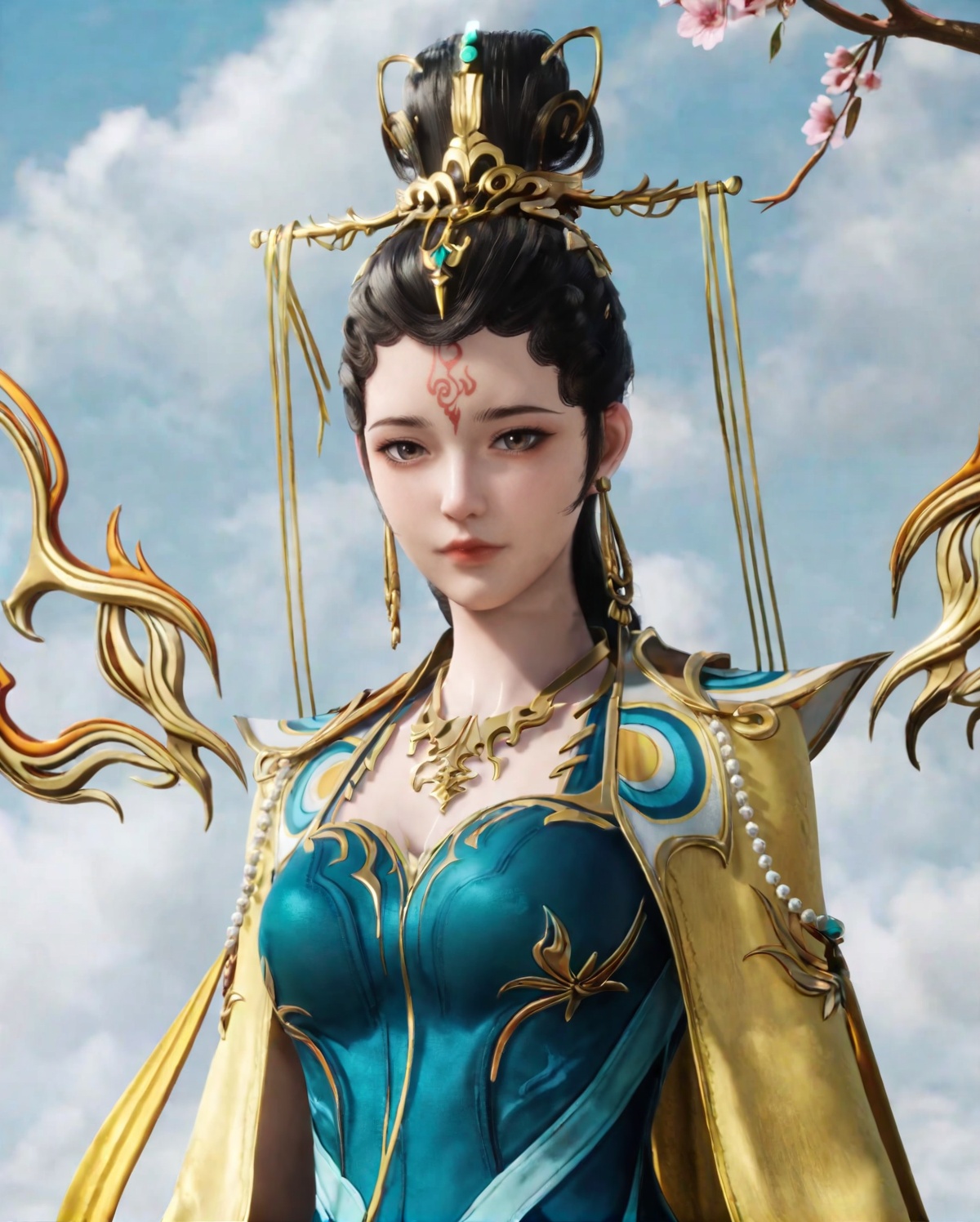 score_9,<lora:SF_NvWa_Pony_Realism-000003:0.7>,black hair,long hair,DarkCyan dress,1girl,solo,flower,earrings,forehead mark,yellow cape,branch,hair ornament,standing,looking at viewer,cowboy_shot,