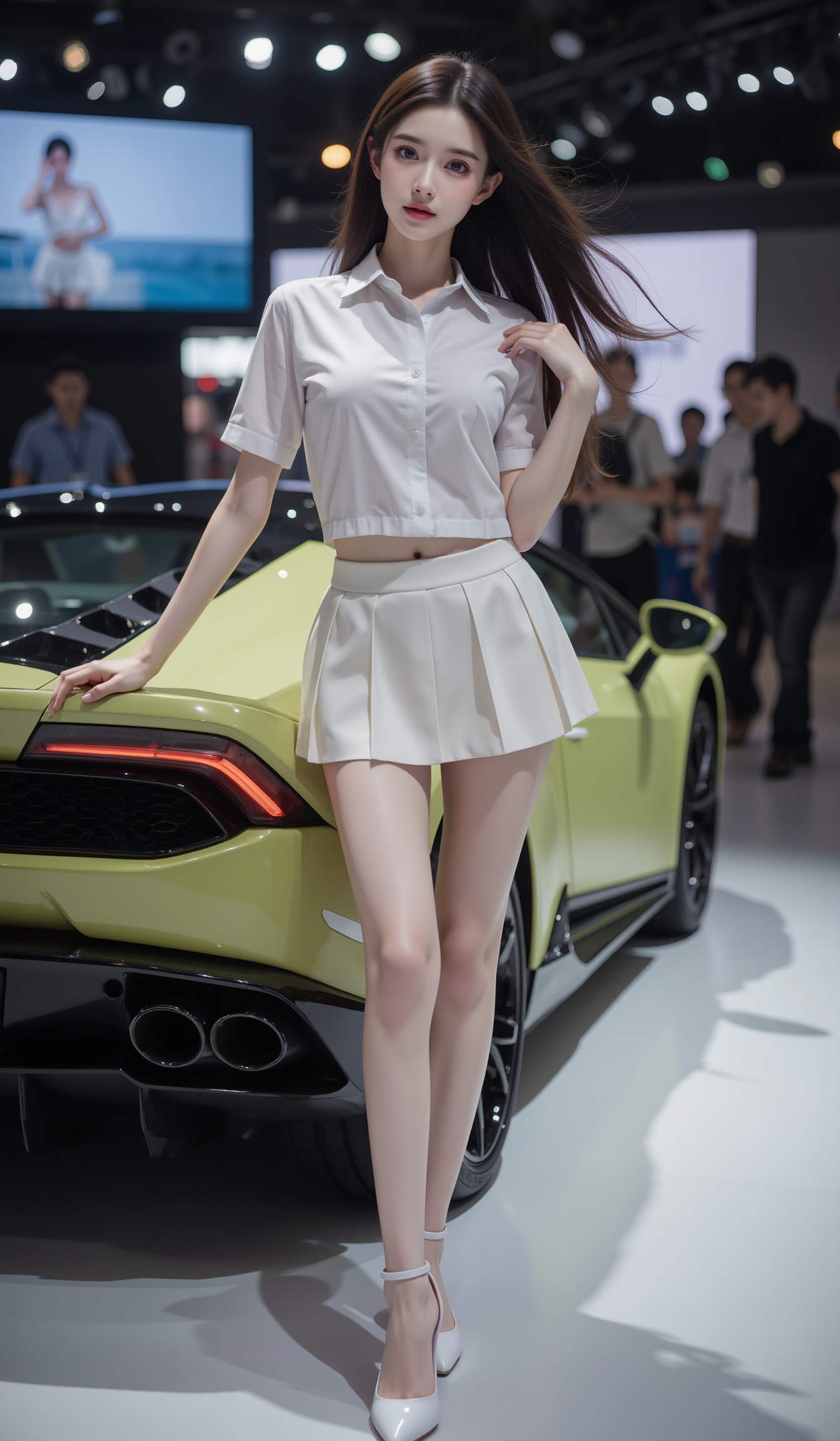 Beautiful car model, fair skin, tender legs, slender legs, full body photo, wearing white high heels. In the 8x resolution ultra-clear picture, the car show scene is bright and lively. Next to it is a luxury Lamborghini. There is a large screen above the back. She is wearing a white shirt, a white pleated skirt, 36D breasts, and her long hair Dancing in the wind shows her flexibility and freedom. With a confident and cheerful smile on her face, she has an elegant figure, her plump breasts outline charming curves, and her clear vest lines highlight her health and vitality. In such a car show atmosphere, she exudes a sexy and charming unique charm. Background characters are real,yoga pants<lora:FLUX-极品超模V3:1.2>