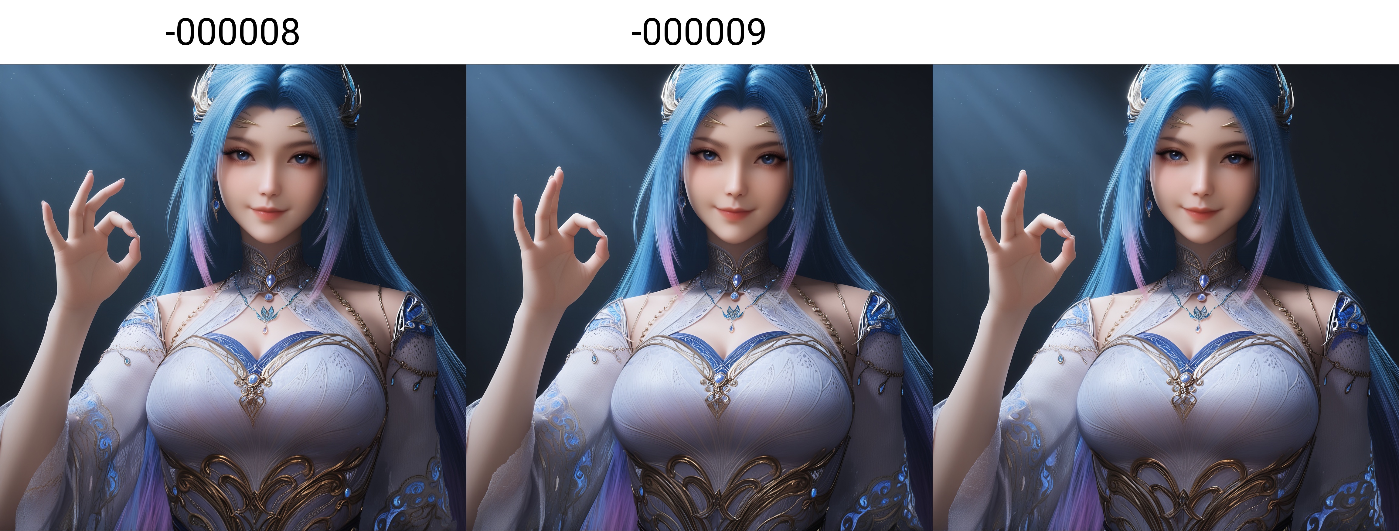 masterpiece,best quality,absurdres,highres,BREAK(glamor:1.1),slender,1girl,solo,<lora:唐舞桐-ill-000008:0.83>,long hair,blue hair,hair ornament,gradient hair,blue eyes,jewelry,earrings,necklace,(seductive_smile:1.1),evil smile,high collar,clothing cutout,dress,detached sleeves,(large breasts),looking at viewer,front view,upper body,ok sign,BREAKsimple background,black background,rim light,Tyndall effect,Volumetric Lighting,Cinematic Lighting,realistic,
