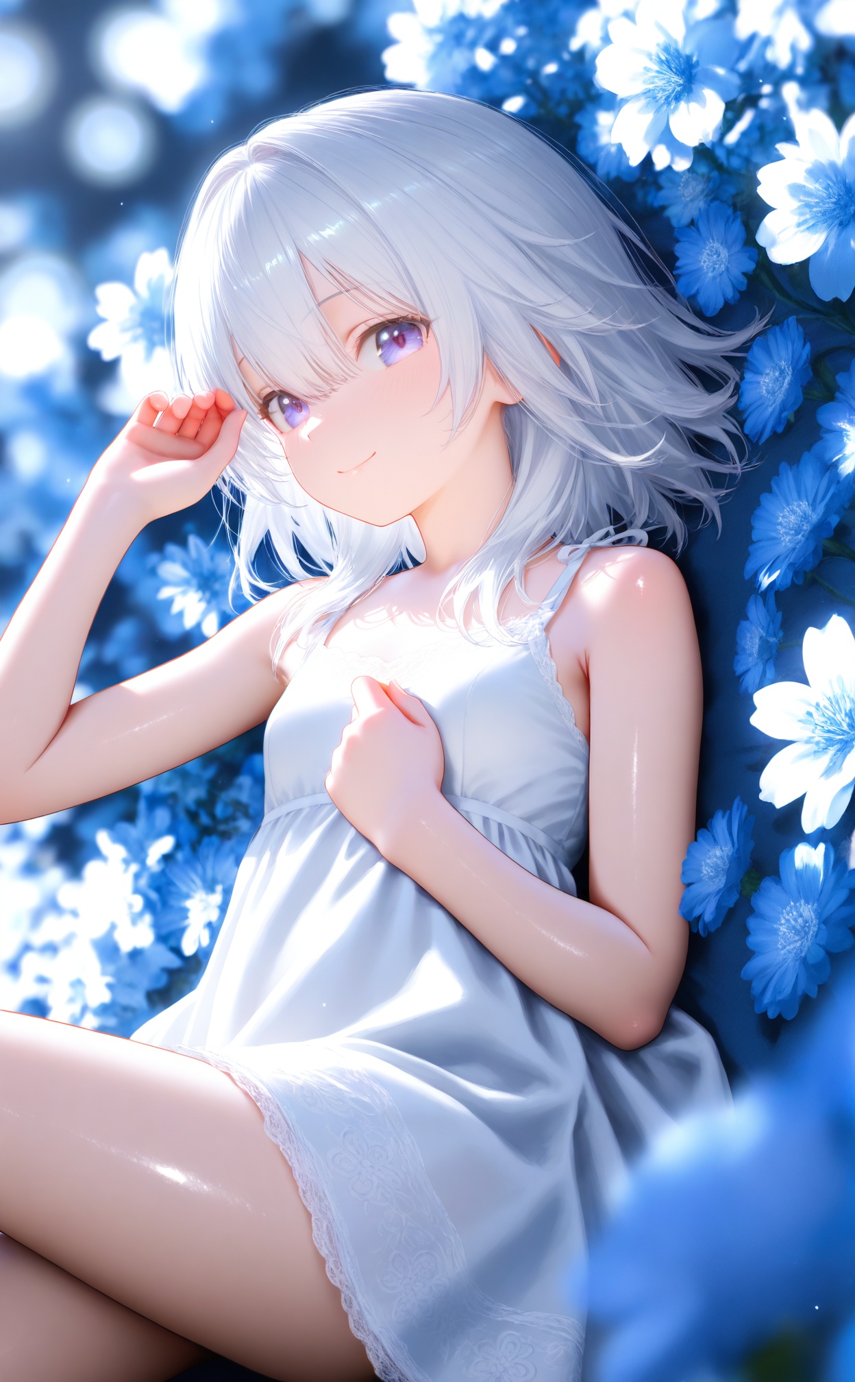 masterpiece,very aware,highres,absurdres,newest,best quality,high quality,loli,petite,chromatic_aberration,Light Blue Theme,lens_flare,//,1girl,solo,flower,dress,sleeveless,lying,white dress,looking at viewer,sleeveless dress,blue eyes,on back,closed mouth,bare shoulders,blue flower,hair between eyes,bare arms,smile,blue theme,white hair,short hair,hand up,medium hair,purple eyes,small breasts,from side,breasts,//,//,official art,depth of field,detailed light,blurry background,best shadow,shiny skin,cinematic lighting,ray tracing,amazing quality,very aesthetic,absurdres,beast quality,ultra detailed,newest,8K,HDR,