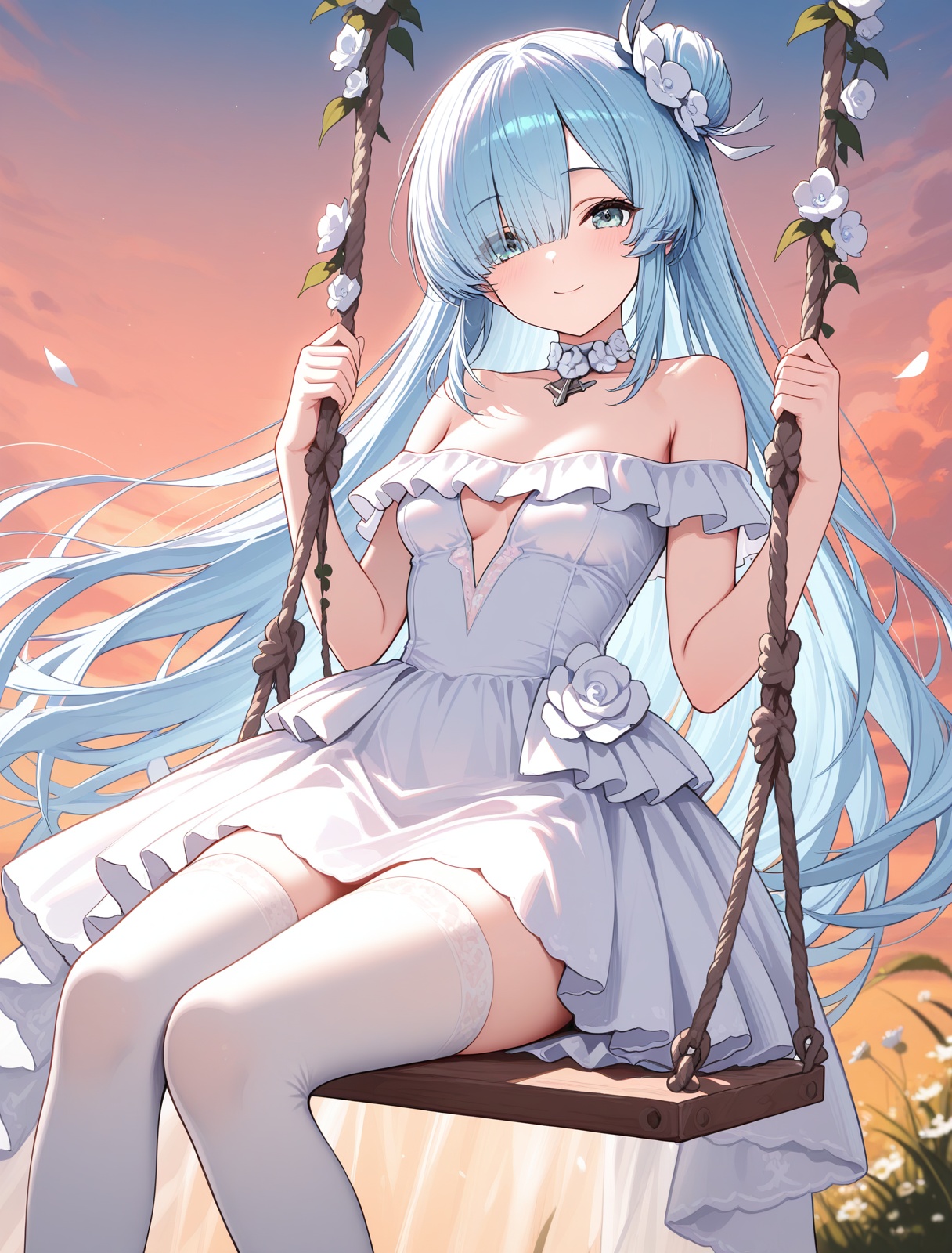 <lora:janus_IL_v1.0:1>,janus \(oath under the morning sun\) \(azur lane\),off-shoulder dress,flower swing,smile,looking at viewer,dusk,white thighhighs,, masterpiece,best quality,