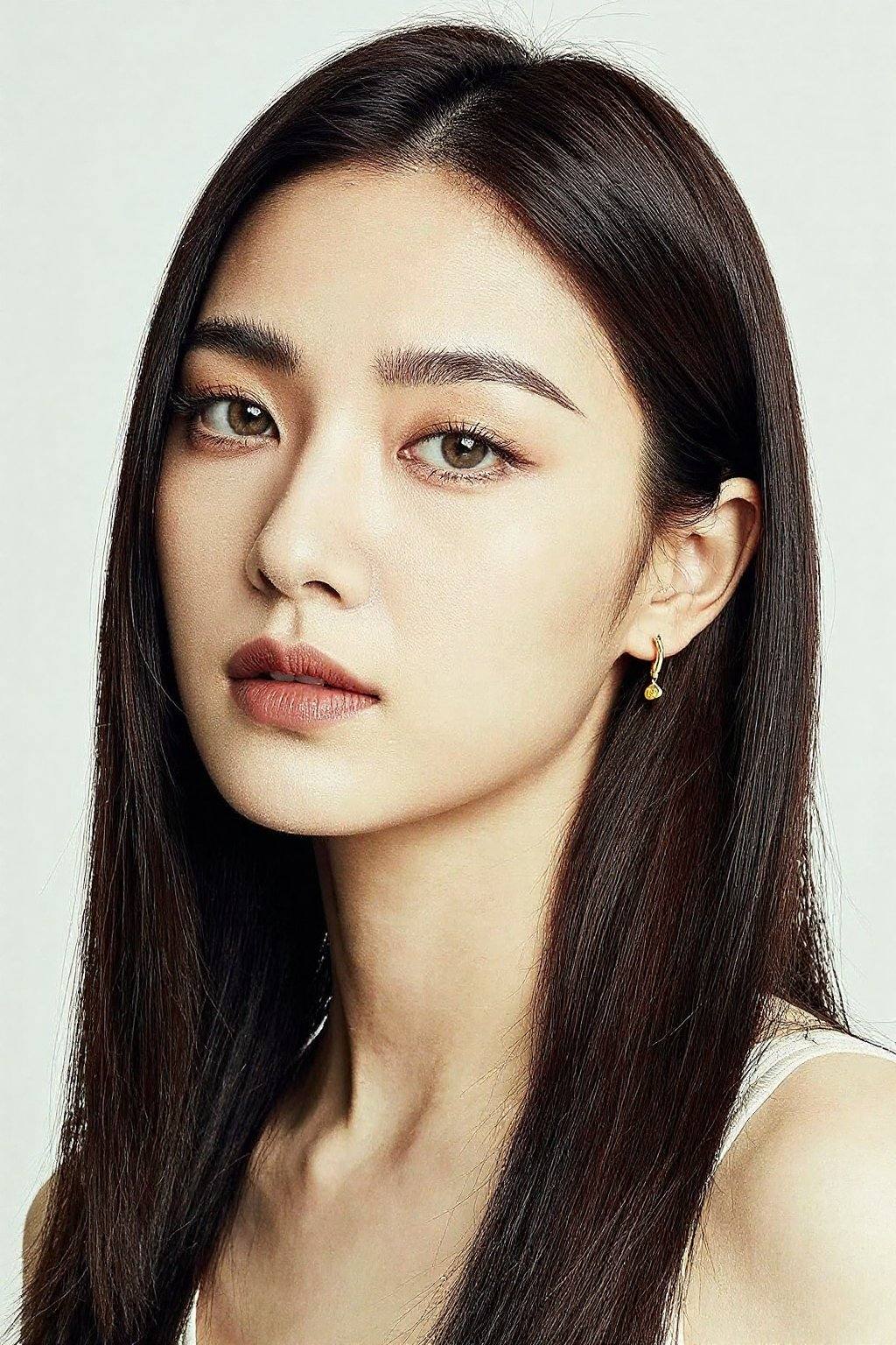 <lora:20260302_TinZITSharpnessSliderLora_v1_000000090:2>, The person in the image is a woman. She has fair skin, straight dark brown hair, and light brown eyes. She is wearing a gold earring with a small pendant.