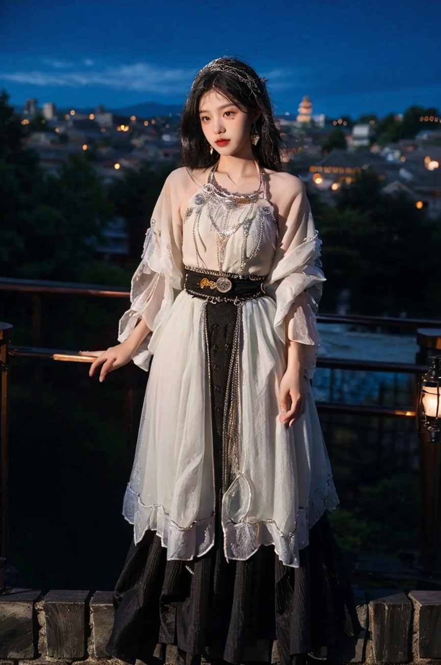 1girl,city night, ulzzang-6500-v1.1,(raw photo:1.2), incredibly absurdres, huge filesize , ultra-detailed, highres, extremely detailed,best quality ,masterpiece, illustration, an extremely delicate and beautiful, extremely detailed ,CG ,unity ,8k wallpaper, Amazing, finely detail, masterpiece,best quality,official art,extremely detailed CG unity 8k wallpaper, light on face, cinematic lighting,(full body:1.4),<lora:YG苗疆服装2:0.75>, 