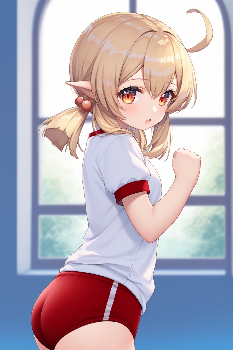 score_9,score_8_up,score_7_up,score_6_up,source_anime,source_cartoon,<lora:kleeTponyXL-000001:1>,klee \(genshin impact\),1girl,solo,pointy ears,buruma,ass,twintails,gym uniform,looking at viewer,ahoge,sidelocks,low twintails,short sleeves,alternate costume,red buruma,hair between eyes,from side,shirt,long hair,hair ornament,window,white shirt,looking to the side,gym shirt,red eyes,blonde hair,orange eyes,open mouth,hair bobbles,depth of field,loli,
