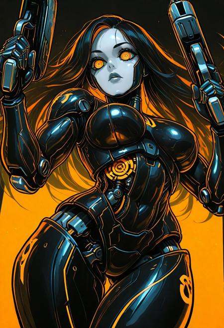 (masterpiece), (best quality), (ultra-detailed), amazing quality, very aesthetic, perfect composition, intricate details, absurdres, incredibly absurdres, clear skin, ultra-detailed-eyes, greatscore, pretty, dynamic angle, dynamic pose, mechabare, mechanical parts, solo, science fiction,sf, 1girl, cyborg, fighting stance, holding weapons, holding dual pistols, cyborg, dualies,mechanical arms, mechanical eyes, long hair, black hair with orange highlights, face focus western comics \(style\), , multiple-tonbackground , ,dynamic visul, limited palette theme, shadow outlines, matel color trim, ,two-tone colored , Mid shot, barcode tattoo,