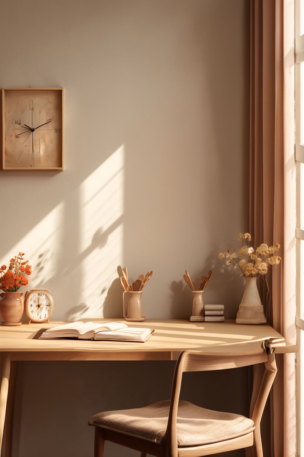 product photography,indoor,indoors,book,no humans,chair,table,scenery,desk,clock,potted plant,