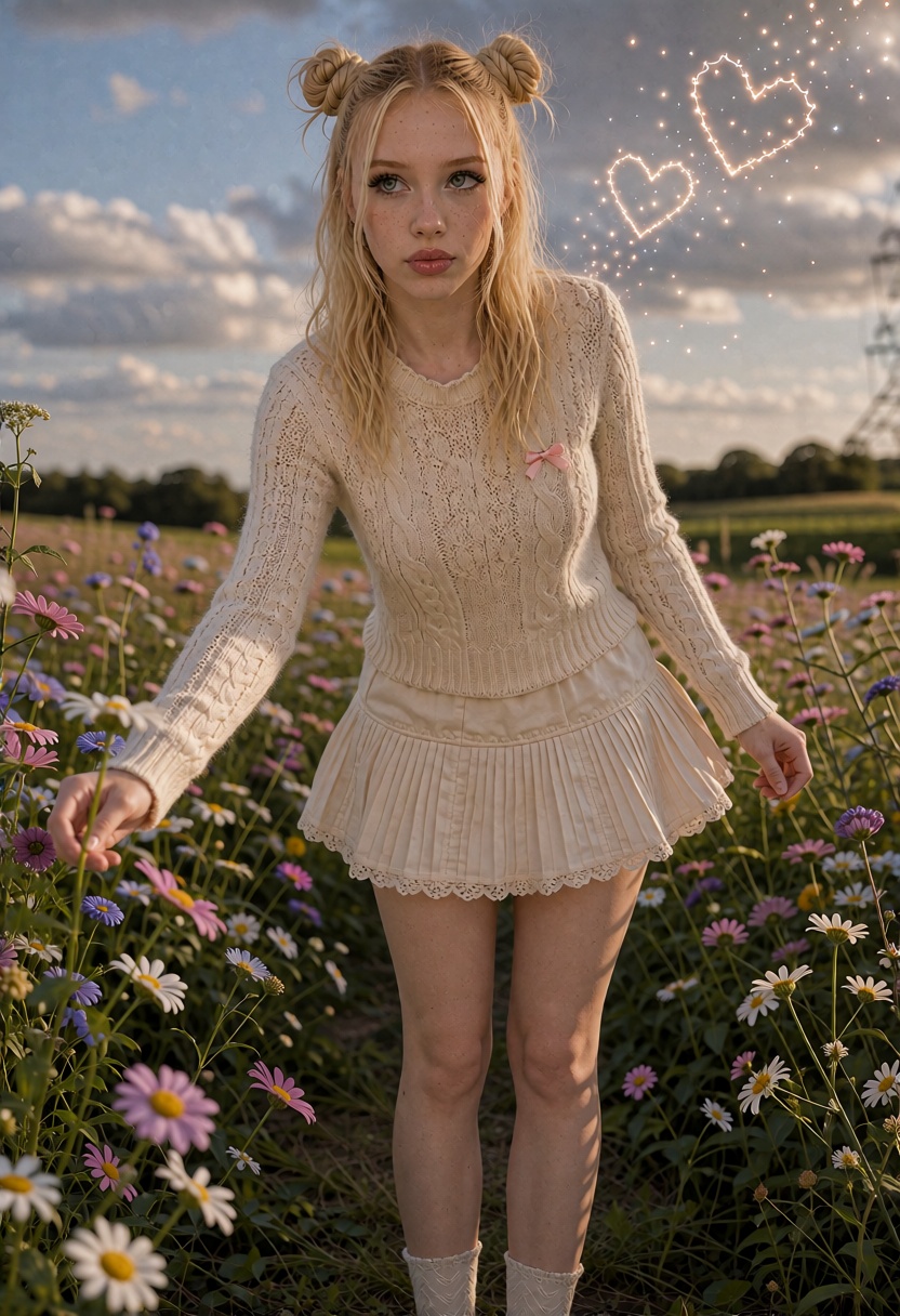 LolaX,  long blonde hair with two small space buns and loose straight lengths. A photorealistic photo of a 21-year-old ***...