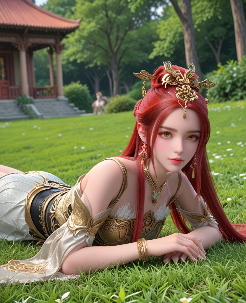 (oriental architecture, elegant decor, sophisticated style:1.1),lying in the grass, facing forward,(breasts:1.2),<lora:XL完美世界天人族姐妹花P2:0.9>,elder sister,armor,red hair,hair stick,yellow eyes,earrings,jewelry,necklace,bracelet,, zPDXL2, score_9, score_8_up, score_7_up BREAK realistic, masterpiece,best quality, highly detailed,, zPDXL3, zPDXL2,zPDXL, zPDXLxxx, zPDXLrl,