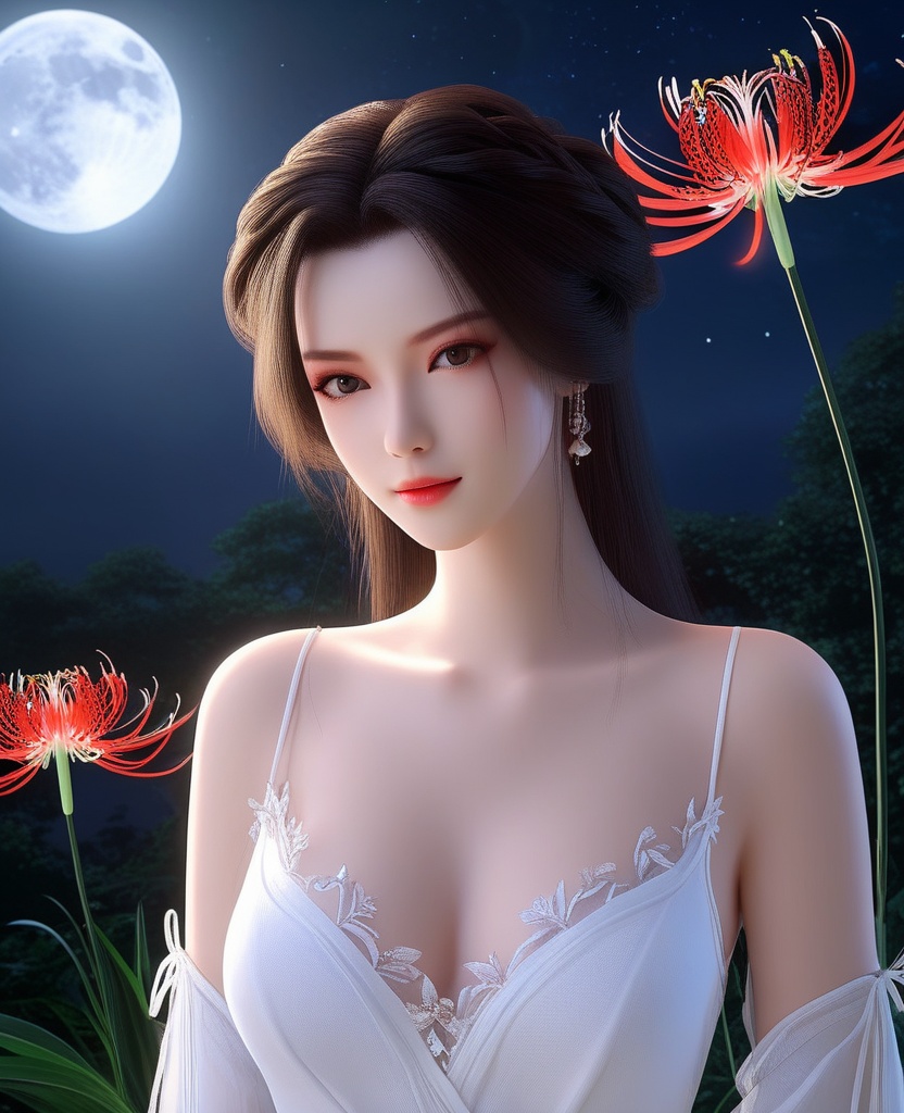 <lora:592-DA-XL-星辰变-姜立:0.8>(,1girl, ,best quality, ),looking at viewer,  ,,ultra detailed background,ultra detailed background,ultra realistic 8k cg, ,masterpiece, spider lily,full moon, (cleavage), (),