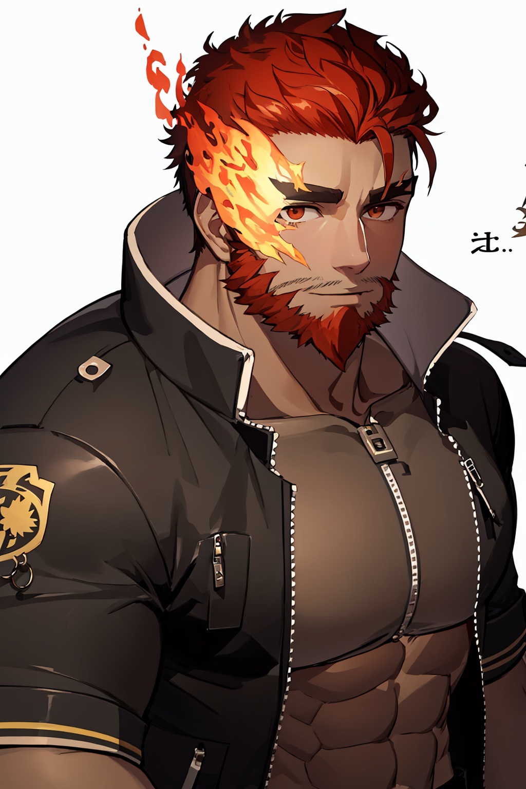 masterpiece,best quality, highly detailed, hephaestus (housamo),bara,mature male,beard,thick eyebrows,muscular male,eyebrow cut,1boy,solo,dark-skinned male,flaming eye,looking at viewer,upper body,large pectorals,<lora:hephaestus_(housamo):1>,simple background,white background