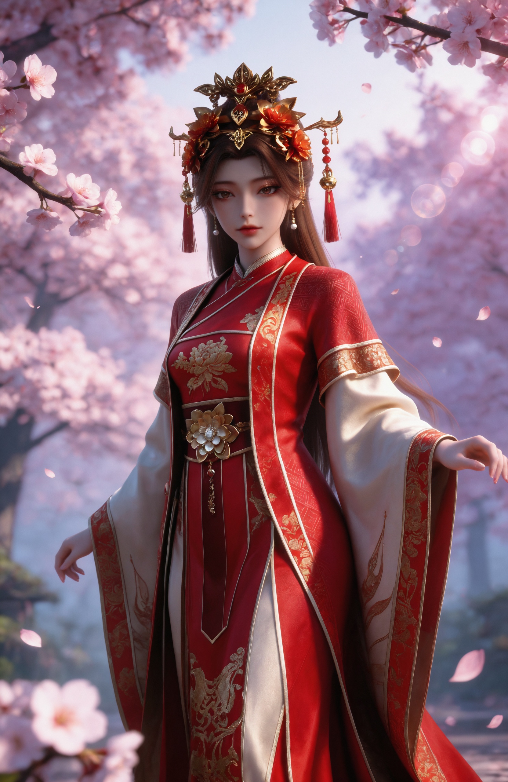 <lora:百炼成神3-新娘IL:0.7> 1girl, brown hair, long hair, hair ornament, brown eyes, earrings, chinese clothes, red dress,long sleeves, wide sleeves, red shoes,, realistic style photo,outstanding style,Use soft lighting to cast gentle shadows on the subject,adding a touch of dimension to your images without compromising details,whirls of vapor,(Anime:1.1),soft neon light,ethereal ambiance,delicate details,magical atmosphere,concept art,highly detailed,ultra-high resolution,32K UHD,sharp focus,best-quality,masterpiece,golden hour,unconventional supreme masterpiece,masterful details,temperate atmosphere,with a high-end texture,in the style of fashion photography,magazine style,Dynamic Angle,Dynamic posture,magazine style,Dynamic Angle,Dynamic posture,(cowboy_shot:1.2),eye trail,depth of field,cinematic lighting,lens flare,close-up,extreme aesthetic,(wlop:0.6),(honjou raita,lack,rella,wanke:0.5),masterpiece,best quality,good quality,newest,year 2025,very aesthetic,absurdres,Visual impact,A shot with tension,ultra-high resolution,32K UHD,sharp focus,best-quality,masterpiece,Emotionalization,unconventional supreme masterpiece,masterful details,temperate atmosphere,with a high-end texture,in the style of fashion photography,(Visual impact:1.2),giving the poster a dynamic and visually striking appearance,, 1girl, solo, tree, branch, sunlight, outdoors, looking at viewer, blurry,  standing, blurry foreground,sun light,Tyndall,cherry blossom,