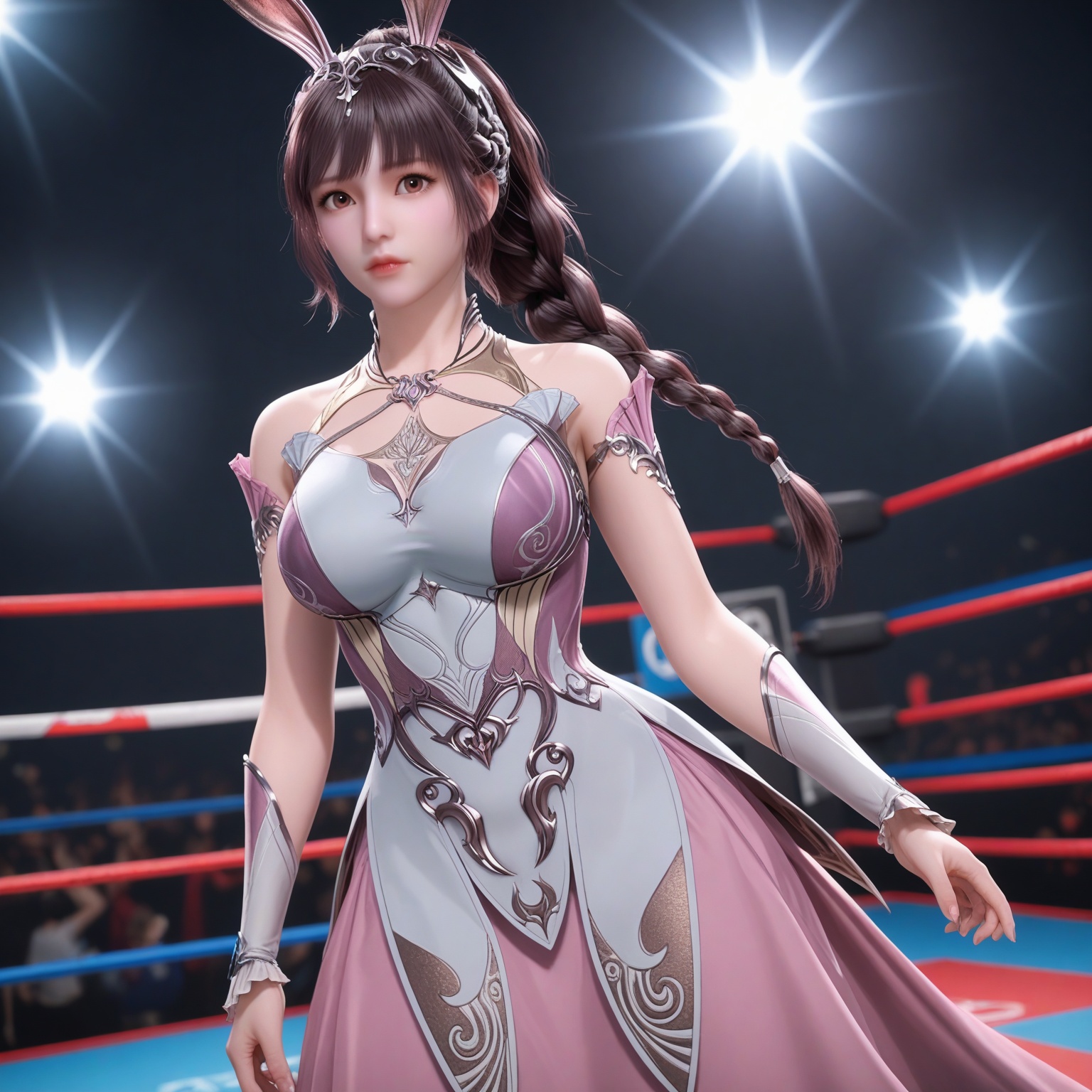 (upper_body:1.1),(huge breasts:0.9),<lora:YQponyxiaowuV8:0.8>,(q1528437228:1.5),1girl,solo,dress,long hair,rabbit ears,animal ears,ponytail,brown hair,hair ornament,pink dress,black hair,jewelry,bare shoulders,metal collar,necklace,braid,collar,high heels,brown eyes,blush,(looking_at_viewer:1.1),BREAKintricate details,shiny_skin,solo focus,(blurry background:1.1),(depth of field:1.1),perfect_anatomy,(cinematic lighting:0.9),(volumetric lighting:0.9),light rays,shiny clothes,light beam,hourglass,(Short torso:1.1),(High waistline:1.1),(wrestling_ring,:1.2),