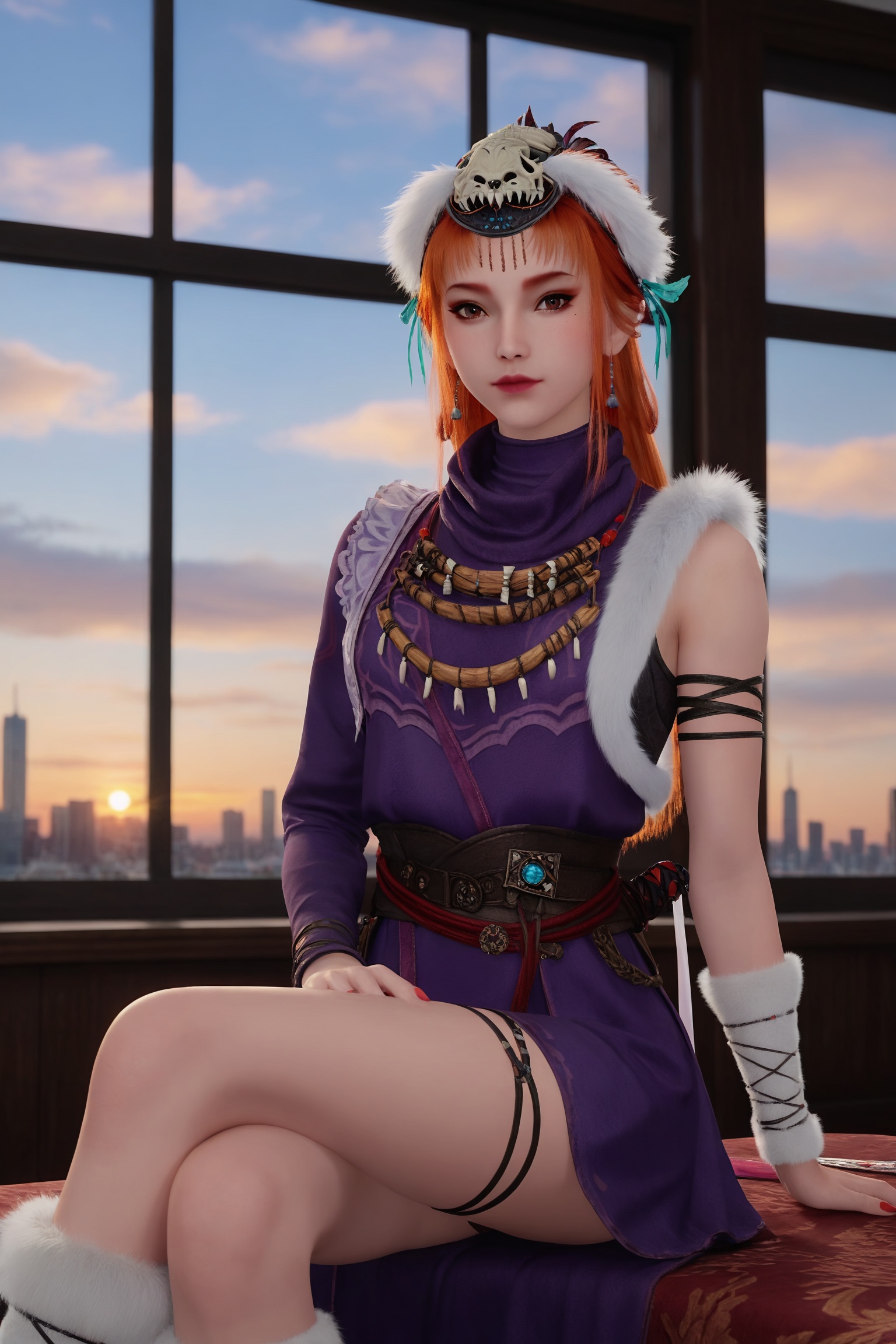 score_9_up,1girl,solo,sitting,window,frills,sky,cloud,indoors,cityscape,closed_mouth,sunset,looking at viewer,<lora:d9242a:0.7>,long,reddish-orange hair,small,intricately headdress,white fur piece.a deep purple,long-sleeved dress with intricate embroidery and a high collar,complemented by a white fur wrap around shoulders. a sword sheathed at her waist.,