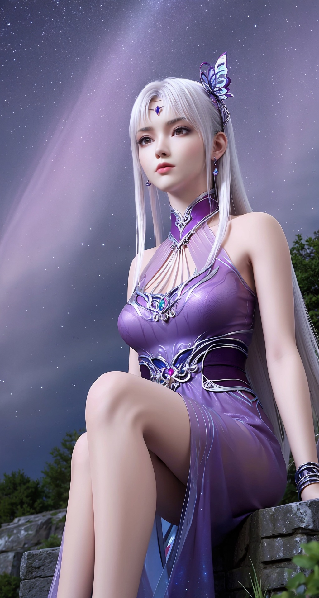 1girl,solo,hair ornament,long hair,white hair,looking at viewer,realistic,closed mouth,expressionless,butterfly hair ornament,jewelry,earrings,butterfly hair ornament,bangs,collar,star,((sky)),scenery,starry sky,outdoors,night,aurora,night sky,milky way,blue theme,<lora:小医仙:0.7>,purple_dress,long_legs,sitting,from_below,rock,
