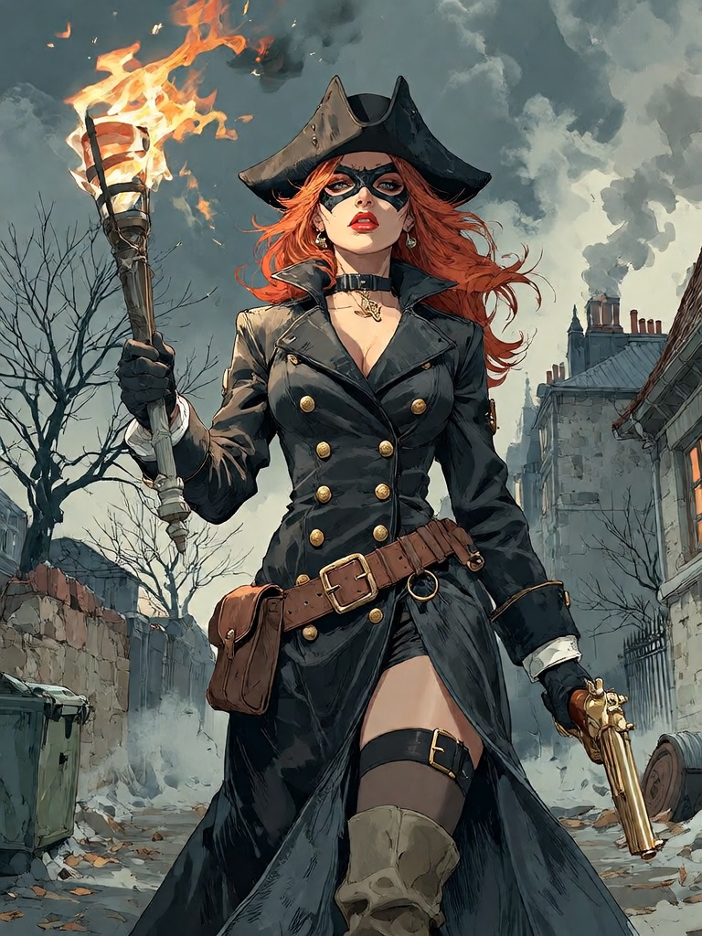 Bradhamel art style. A striking female vigilante with vibrant red hair,  wearing a black tricorn hat,  a black eye mask on...
